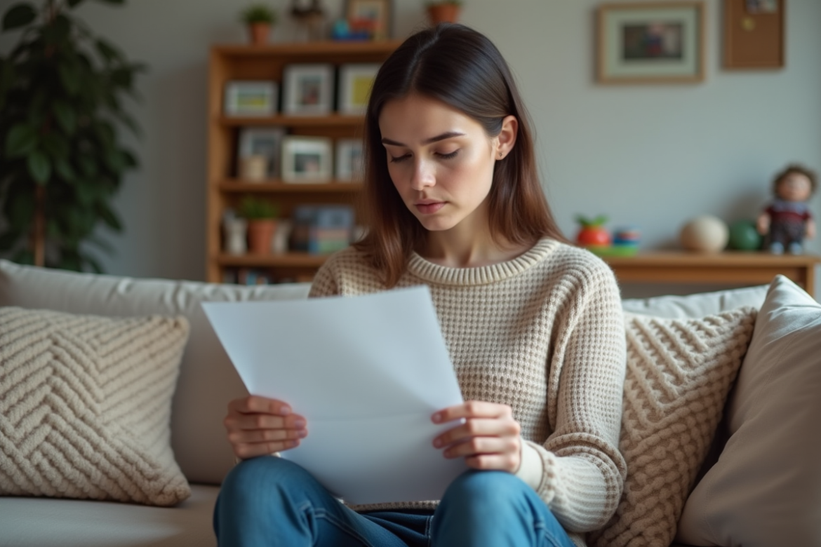 Jeune maman réfléchissant avec un document à la maison
