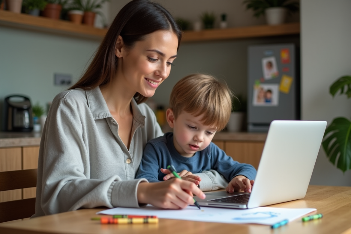 Femme souriante avec son fils qui colore à la maison