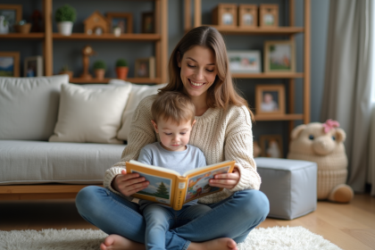Maman lisant un livre à son enfant dans un salon chaleureux