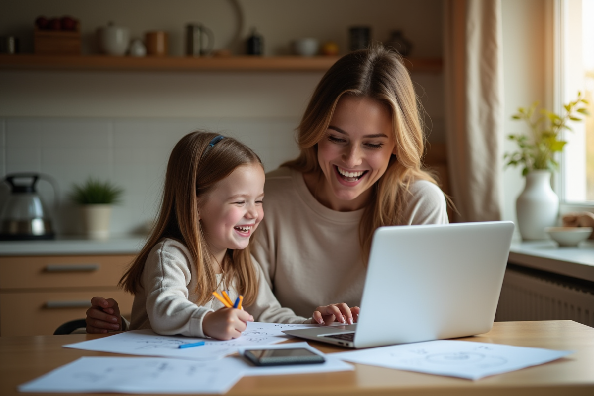 Mère et enfant résolvant des exercices de maths à la maison