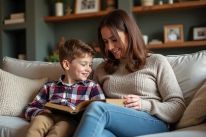 Maman et son enfant partageant un moment doux à la maison