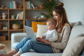 Femme assise sur un canapé avec un enfant sur les genoux dans un salon lumineux