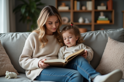 Femme et fille lisant un livre dans un salon chaleureux