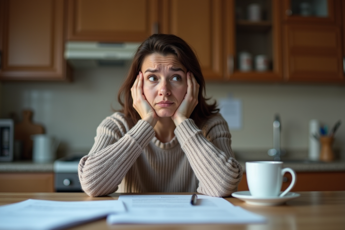 Maman préoccupée avec documents scolaires et certificat