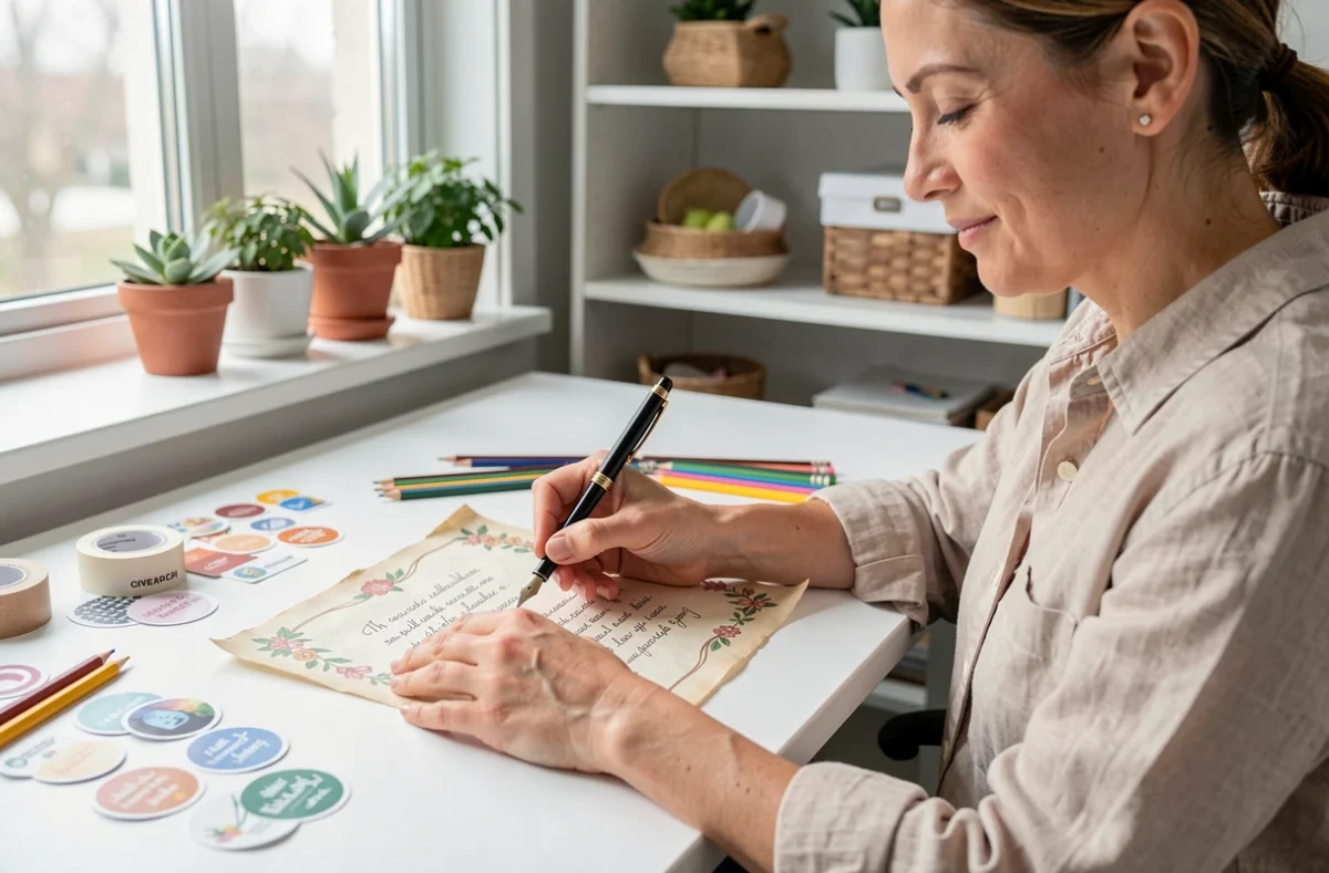 Mère préparant une lettre créative et décorée pour la petite souris à son bureau avec des fournitures d'artisanat