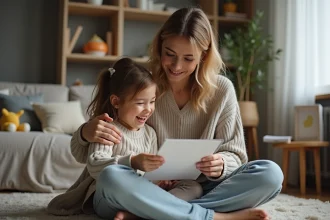 Maman fatiguée avec sa fille dessinant à la maison