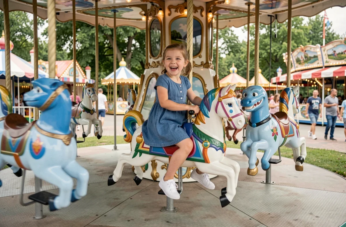 Petite fille souriante sur un manège coloré au Parc des Schtroumpfs à Metz
