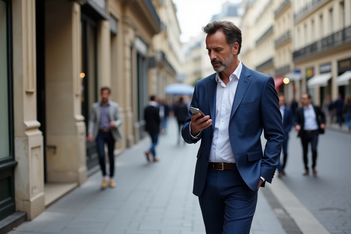 Manuel Bompard marche dans une rue parisienne en costume