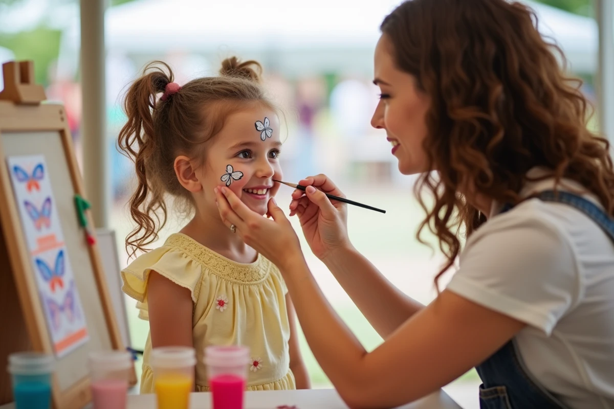 Petite fille se faisant maquiller en papillon à un stand de maquillage lors d'une fête foraine