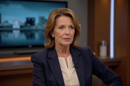 Marie-Ange Nardi souriante dans un décor de studio de télévision, parlant de son fils Hugo Antakis