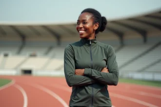 Maryse Éwanjé-Épée souriante au bord d'une piste d'athlétisme, reflétant sur sa carrière sportive et son rôle de mère