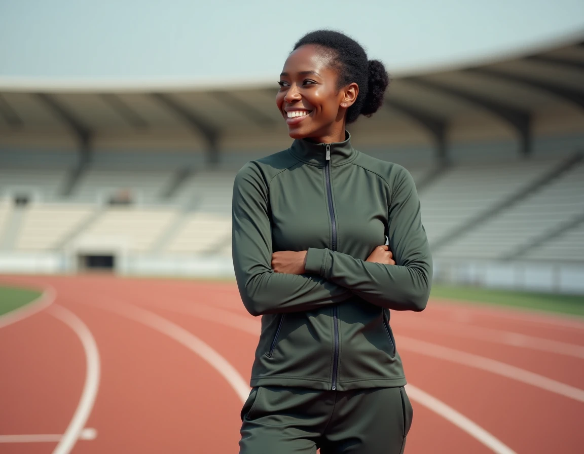 Maryse Éwanjé-Épée souriante au bord d'une piste d'athlétisme, reflétant sur sa carrière sportive et son rôle de mère