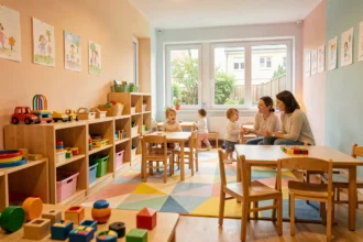 Vue d'ensemble d'une crèche accueillante en Meurthe-et-Moselle avec une salle de jeux colorée et des éducatrices accompagnant des jeunes enfants