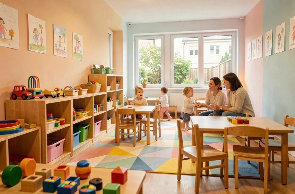 Vue d'ensemble d'une crèche accueillante en Meurthe-et-Moselle avec une salle de jeux colorée et des éducatrices accompagnant des jeunes enfants