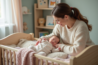Mère douce déposant son bébé endormi dans un lit en bois