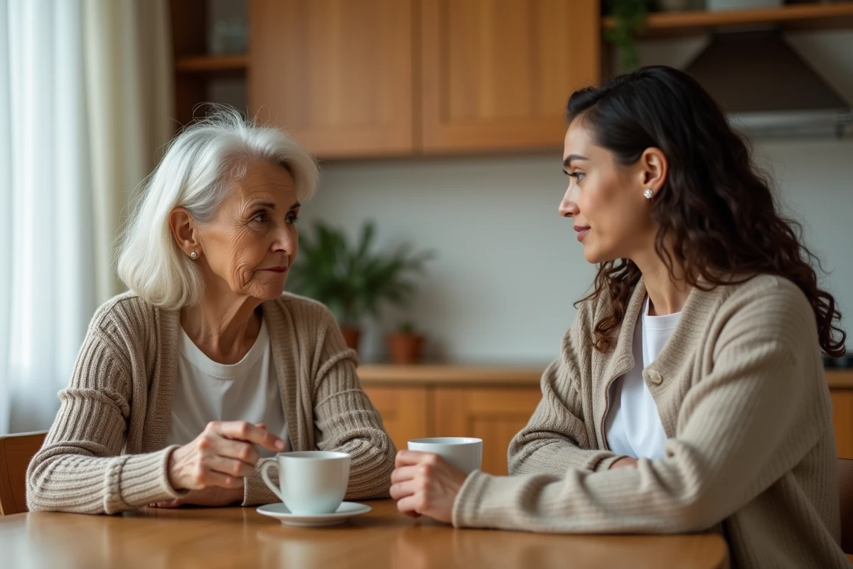 Mère et fille adulte assises face à face autour d'une table de cuisine avec des tasses de café, exprimant une tension émotionnelle silencieuse