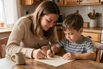 Mère aidant son enfant à écrire une lettre pour la petite souris à table dans une cuisine chaleureuse