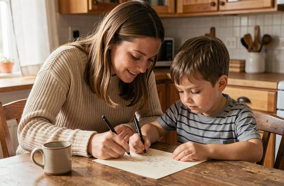 Mère aidant son enfant à écrire une lettre pour la petite souris à table dans une cuisine chaleureuse