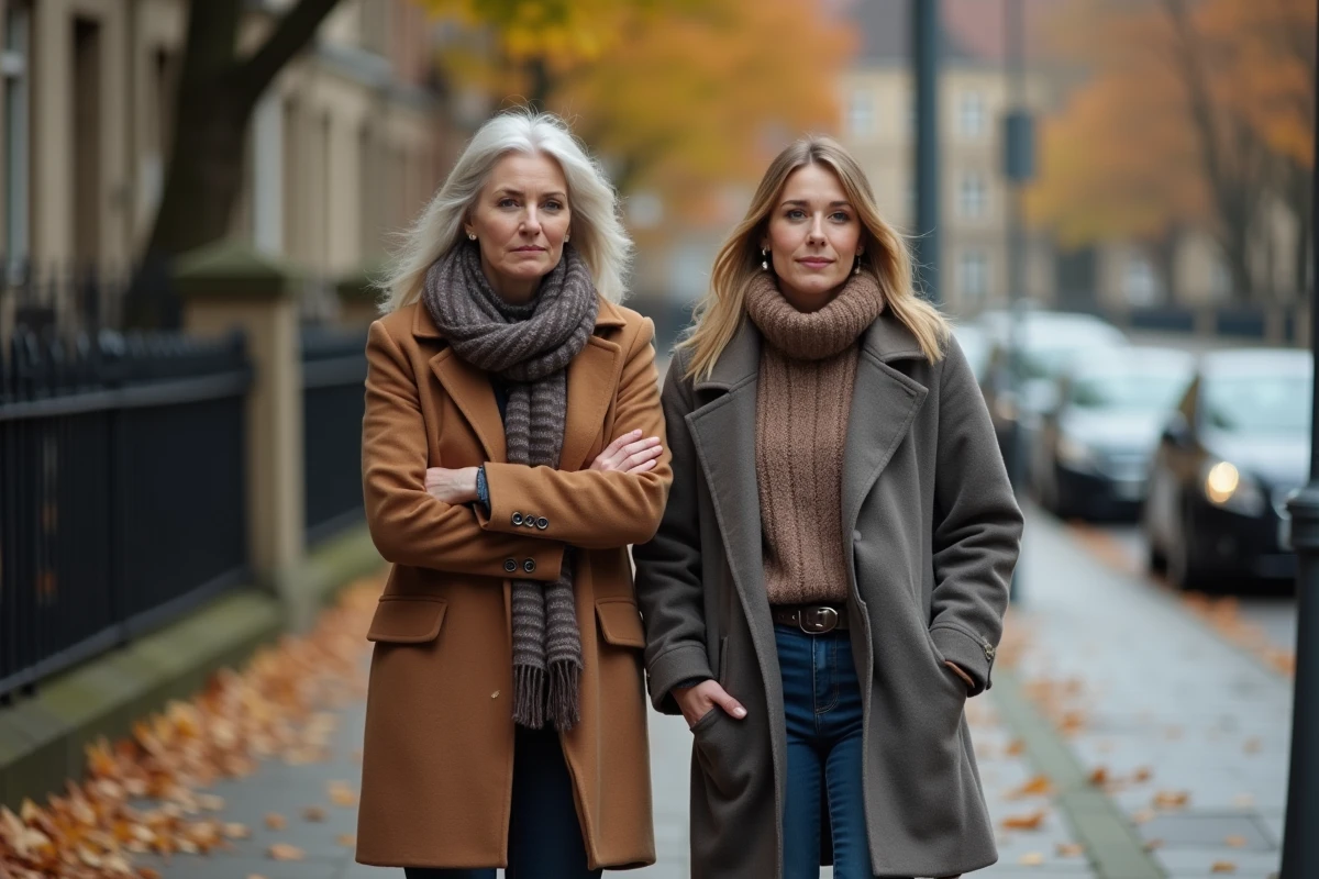 Mère et fille adulte marchant côte à côte dans une rue en automne, distance émotionnelle perceptible malgré leur proximité physique