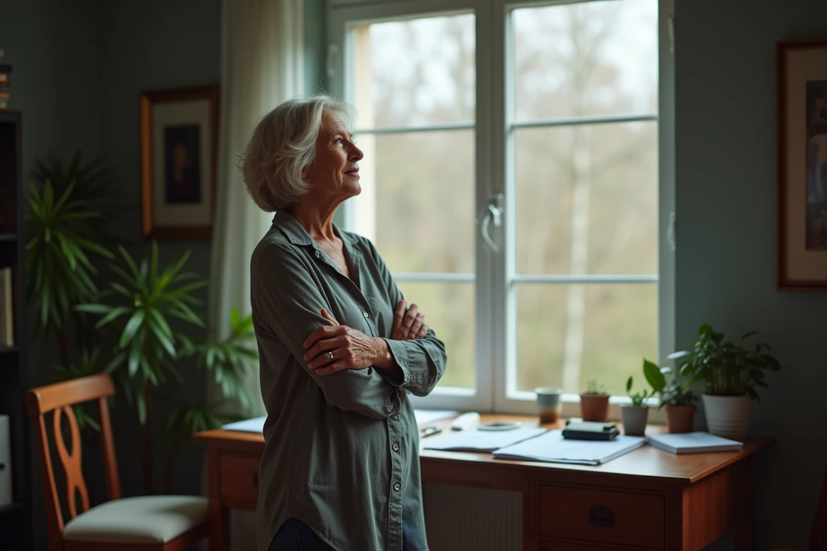 Mère debout près d'une fenêtre tenant son téléphone et regardant au loin avec une expression pensive et mélancolique