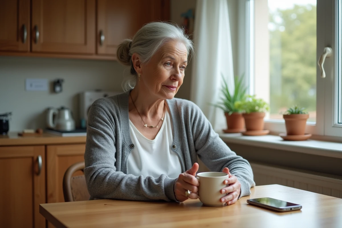 Mère seule à la cuisine regardant son téléphone en attendant des nouvelles de sa fille