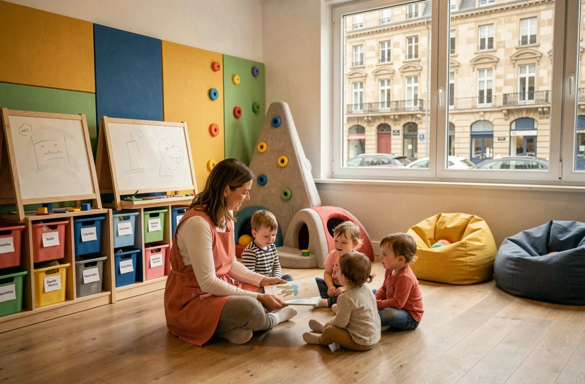 Éducatrice lisant une histoire à de jeunes enfants dans un multi-accueil associatif à Nancy avec différents espaces d'activités visibles en arrière-plan