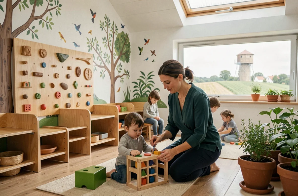 Éducatrice aidant un tout-petit dans le multi-accueil intercommunal du Bassin de Pompey, avec un intérieur en bois naturel et une vue sur le paysage semi-rural en arrière-plan