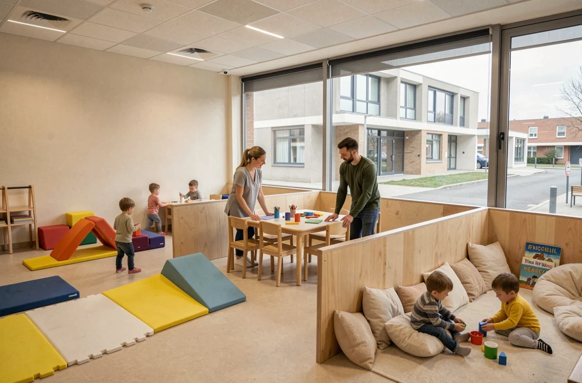 Espace multi-accueil municipal de Vandœuvre-lès-Nancy avec différentes zones d'activités et une équipe d'éducatrices et éducateurs accompagnant des enfants