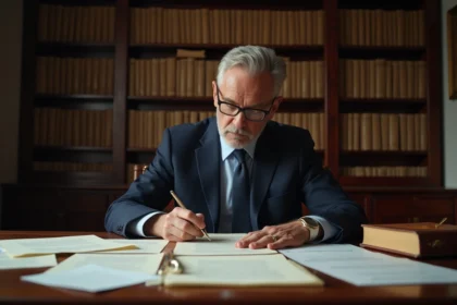 Notaire en costume marine consultant un dossier de testament dans son étude traditionnelle