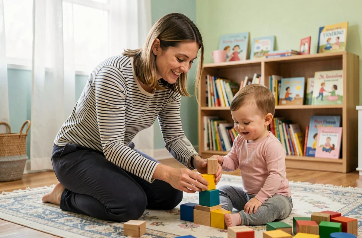 Nounou à domicile jouant avec un jeune enfant sur un tapis de jeu dans un salon familial