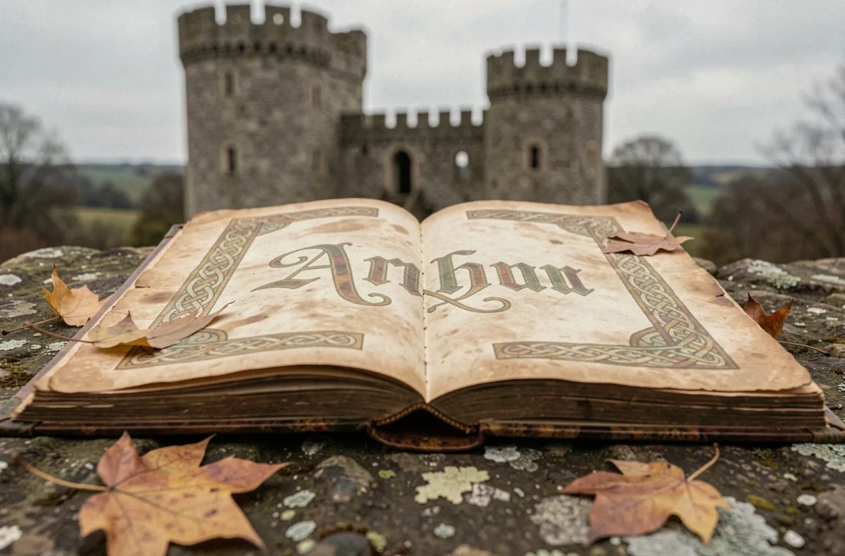 Livre ancien ouvert sur une surface en pierre avec le prénom Arthur écrit en calligraphie médiévale et enluminures celtiques