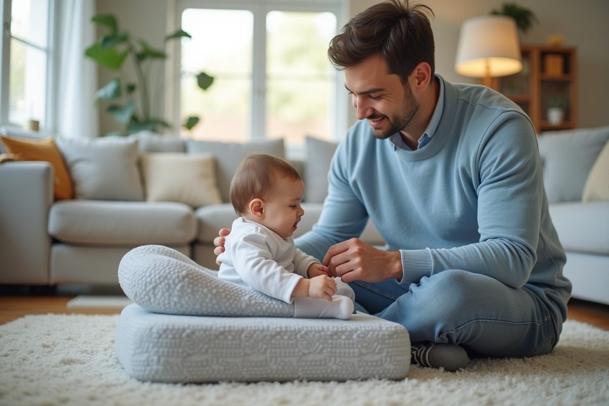 Père posant son bébé sur un coussin dans le salon lumineux