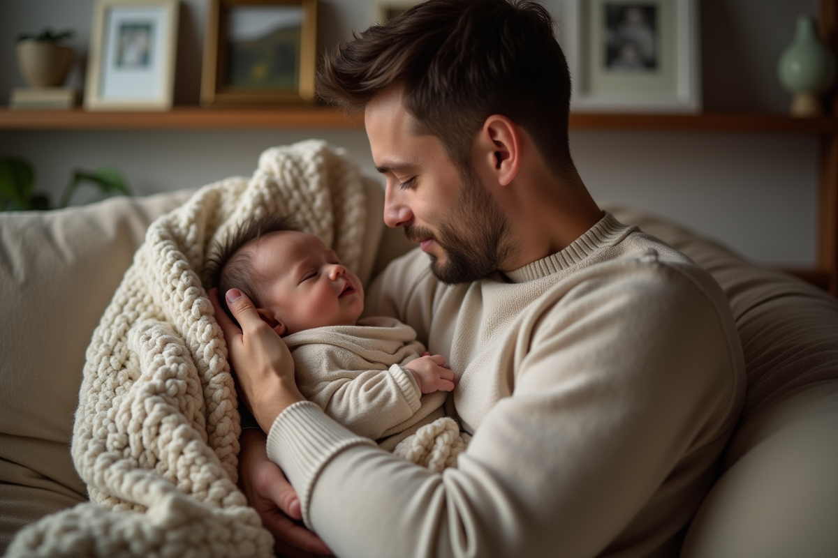 Père tenant son bébé endormi dans un salon chaleureux