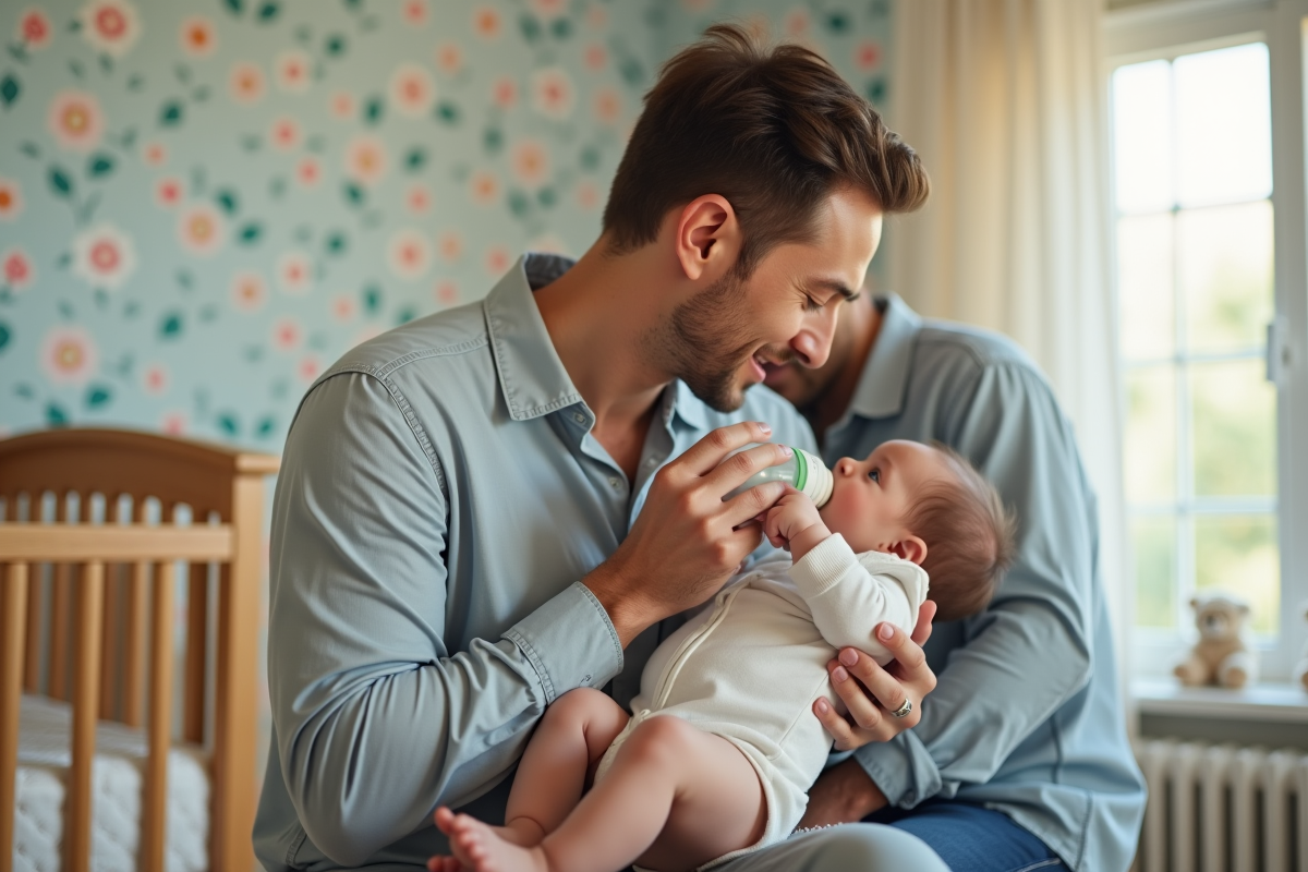 Papa donnant le biberon à son bébé dans une nurserie moderne