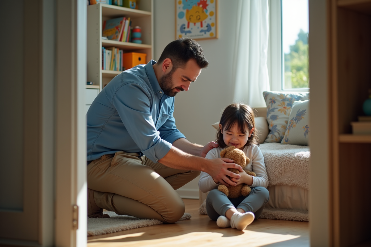 Père calmant une fille pleurant dans sa chambre
