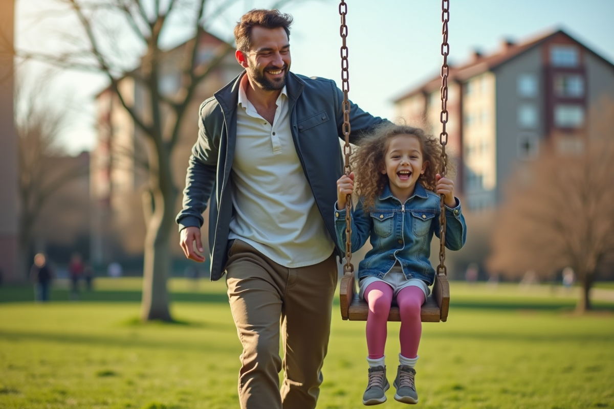Père poussant sa fille sur une balançoire dans un parc urbain