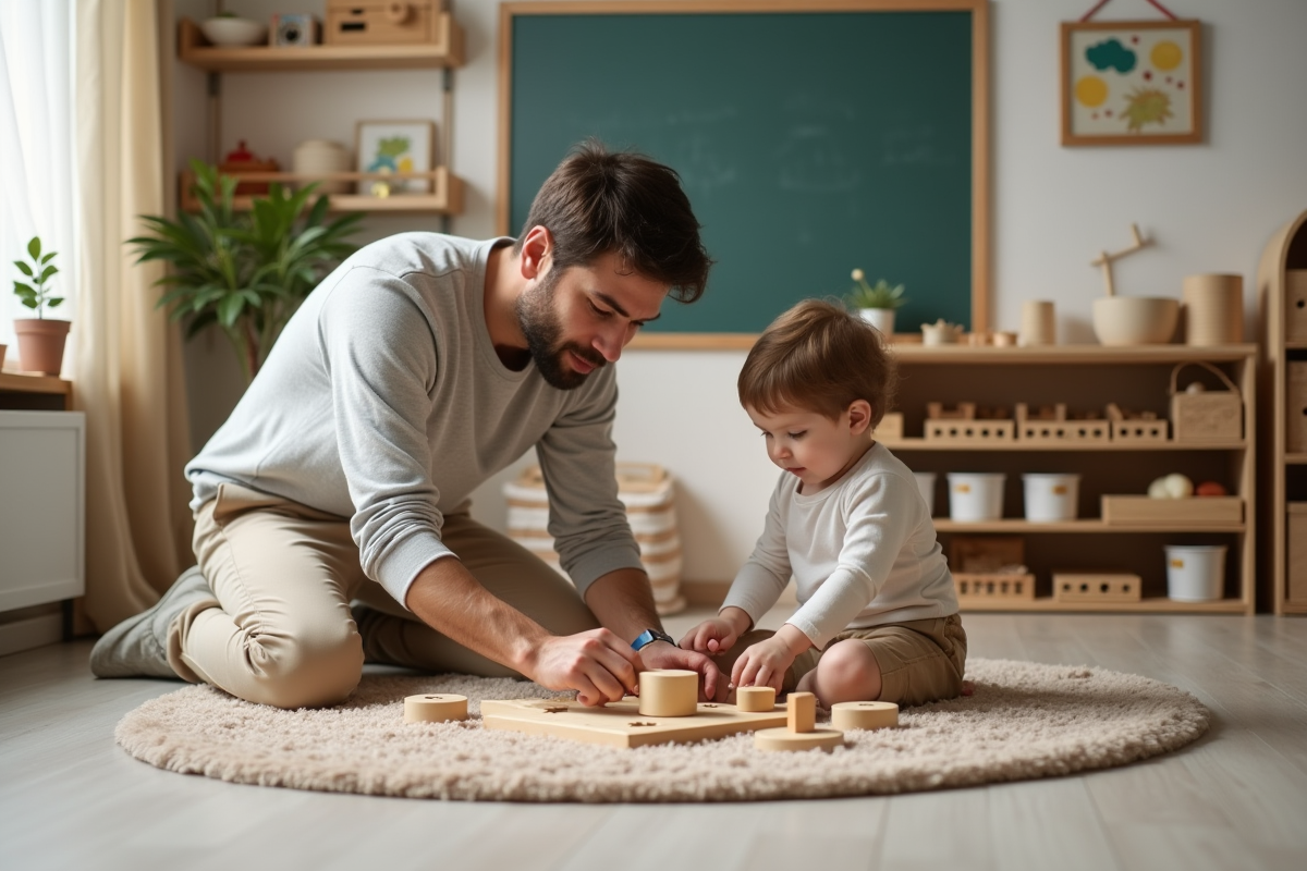 Pere et enfant jouant avec un puzzle en bois dans le salon