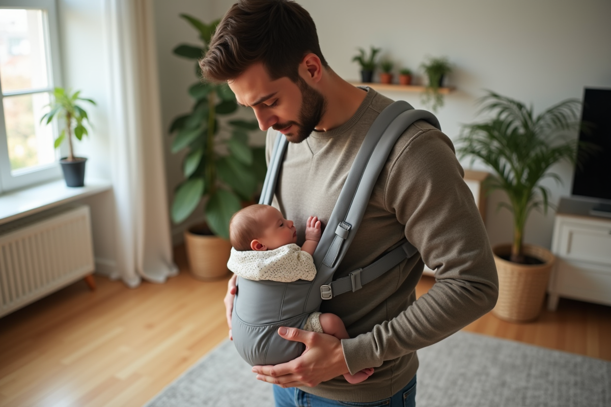 Pere attentif qui regarde son bebe dans un porte-bebe