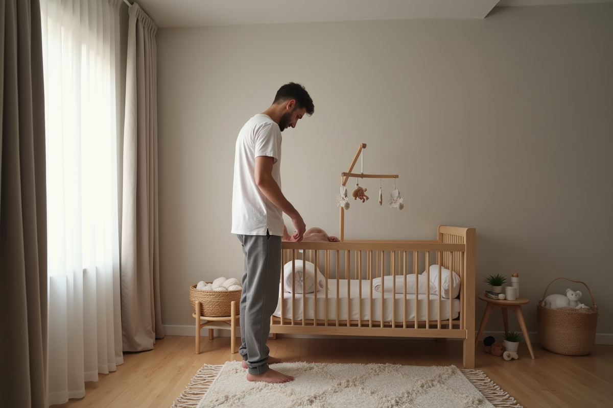 Père regardant tendrement sa fille endormie dans le berceau