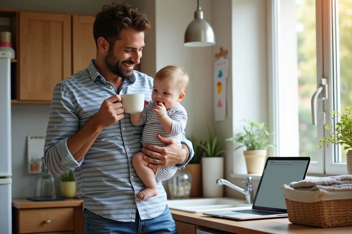 Père avec bébé dans la cuisine en train de boire un café