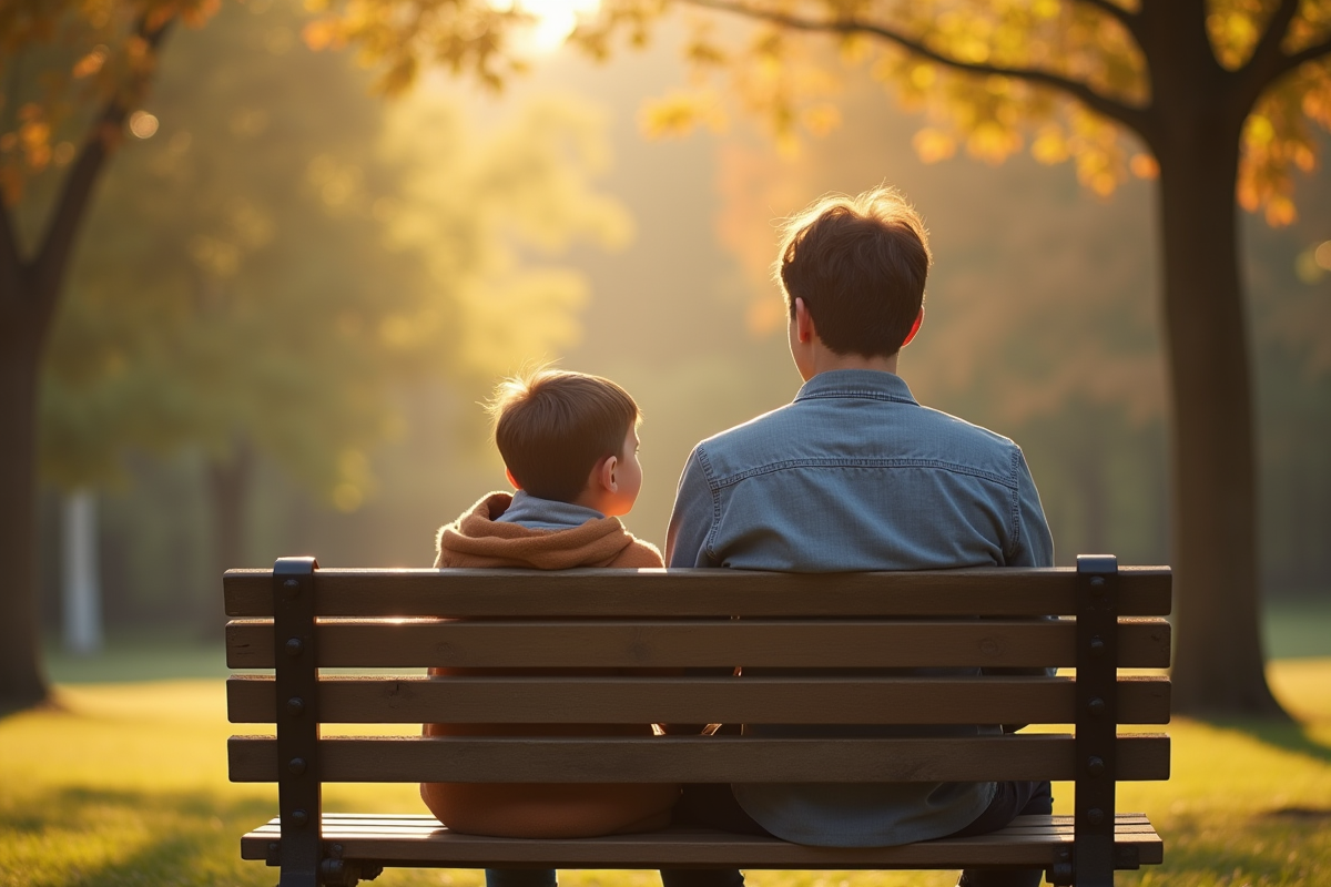 Parent et enfant assis sur un banc dans un parc en pleine nature