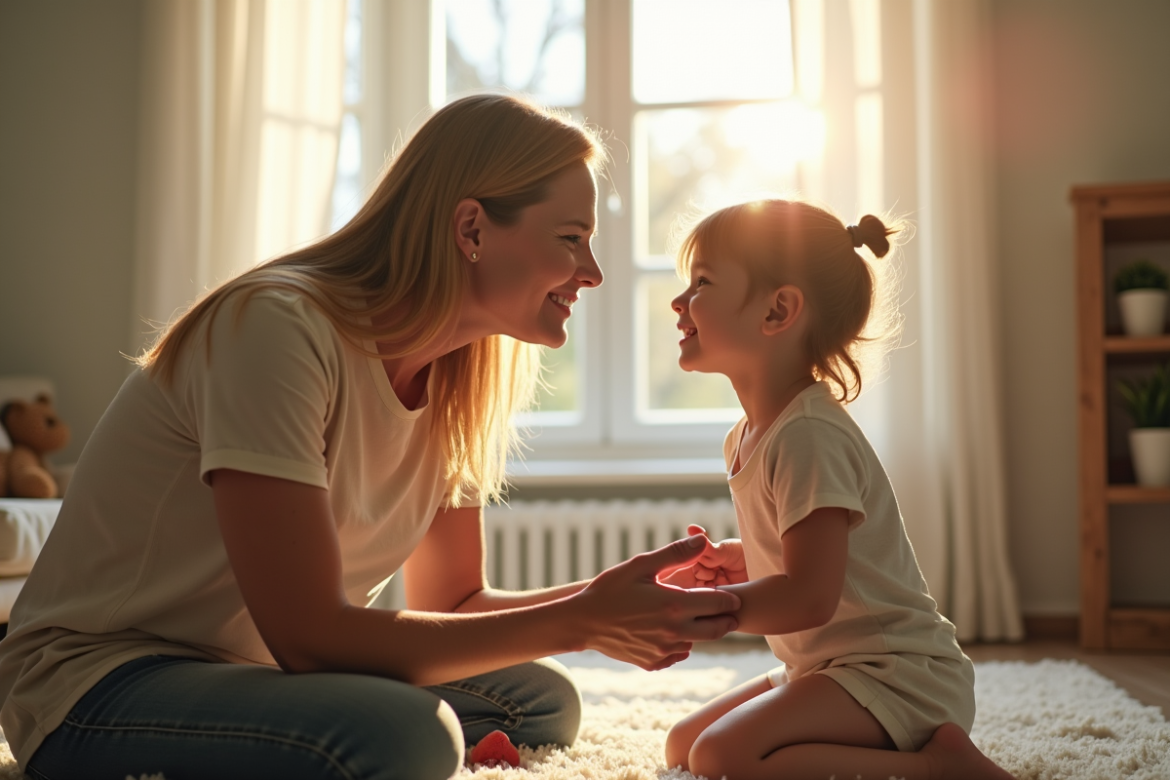 Parent confiant parlant calmement avec son enfant dans un salon lumineux