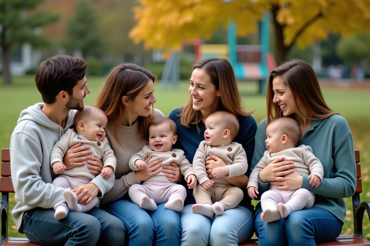 Parents assis sur un banc dans un parc avec leur bébé