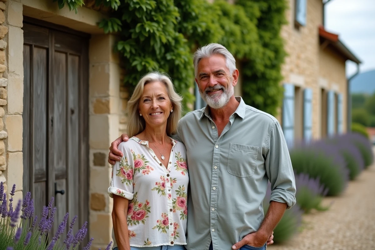 Couple de parents devant une vieille ferme en pierre française, symbolisant les racines familiales et l'héritage transmis aux enfants