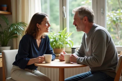 Femme et homme discutent autour d'un café dans une cuisine lumineuse