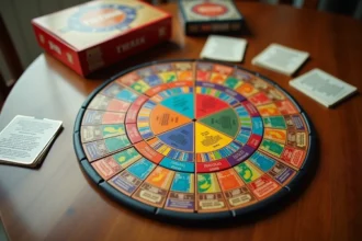 Plateau de jeu Trivial Pursuit vue du dessus avec les cases colorées et les pièces camembert sur une table en bois