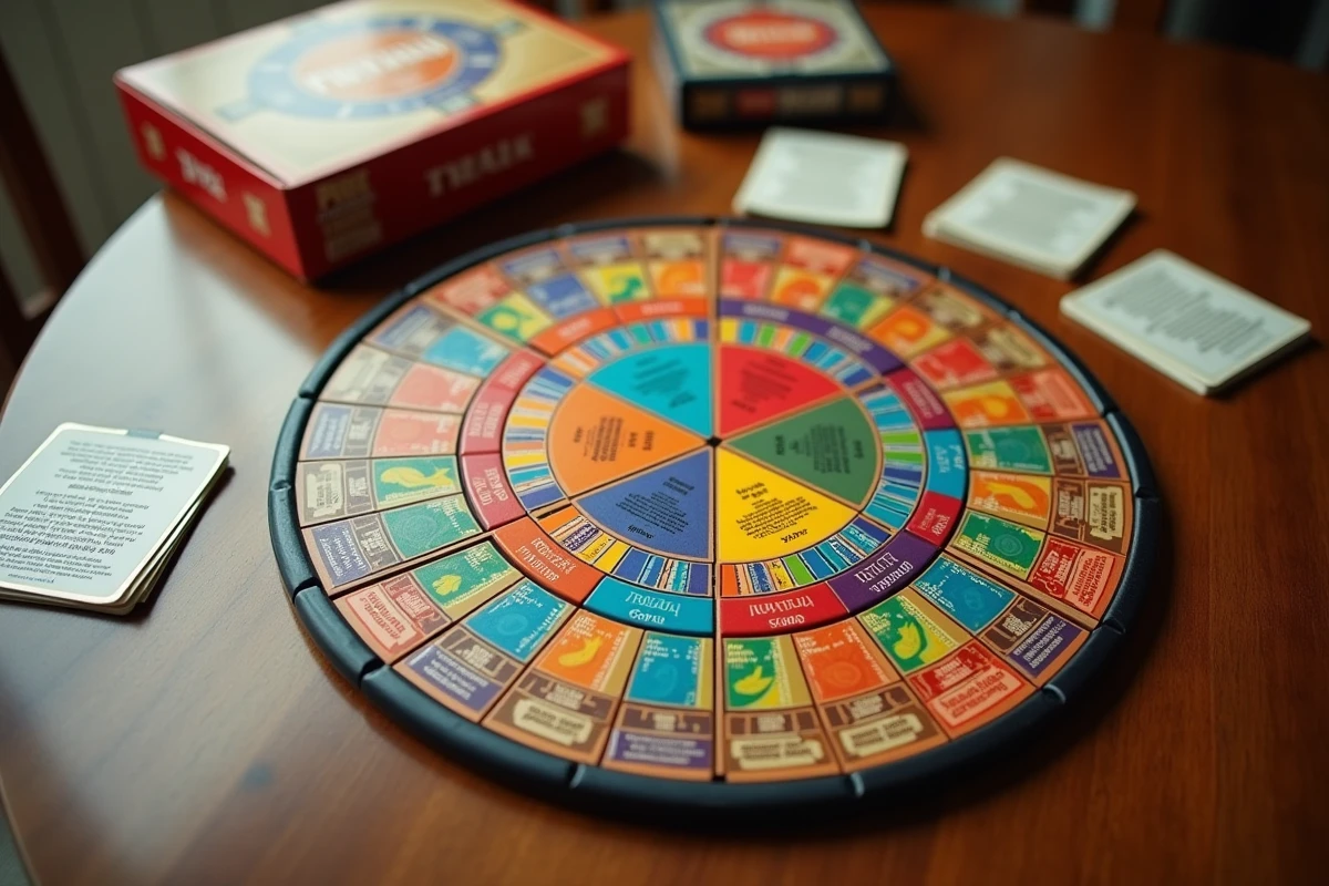 Plateau de jeu Trivial Pursuit vue du dessus avec les cases colorées et les pièces camembert sur une table en bois