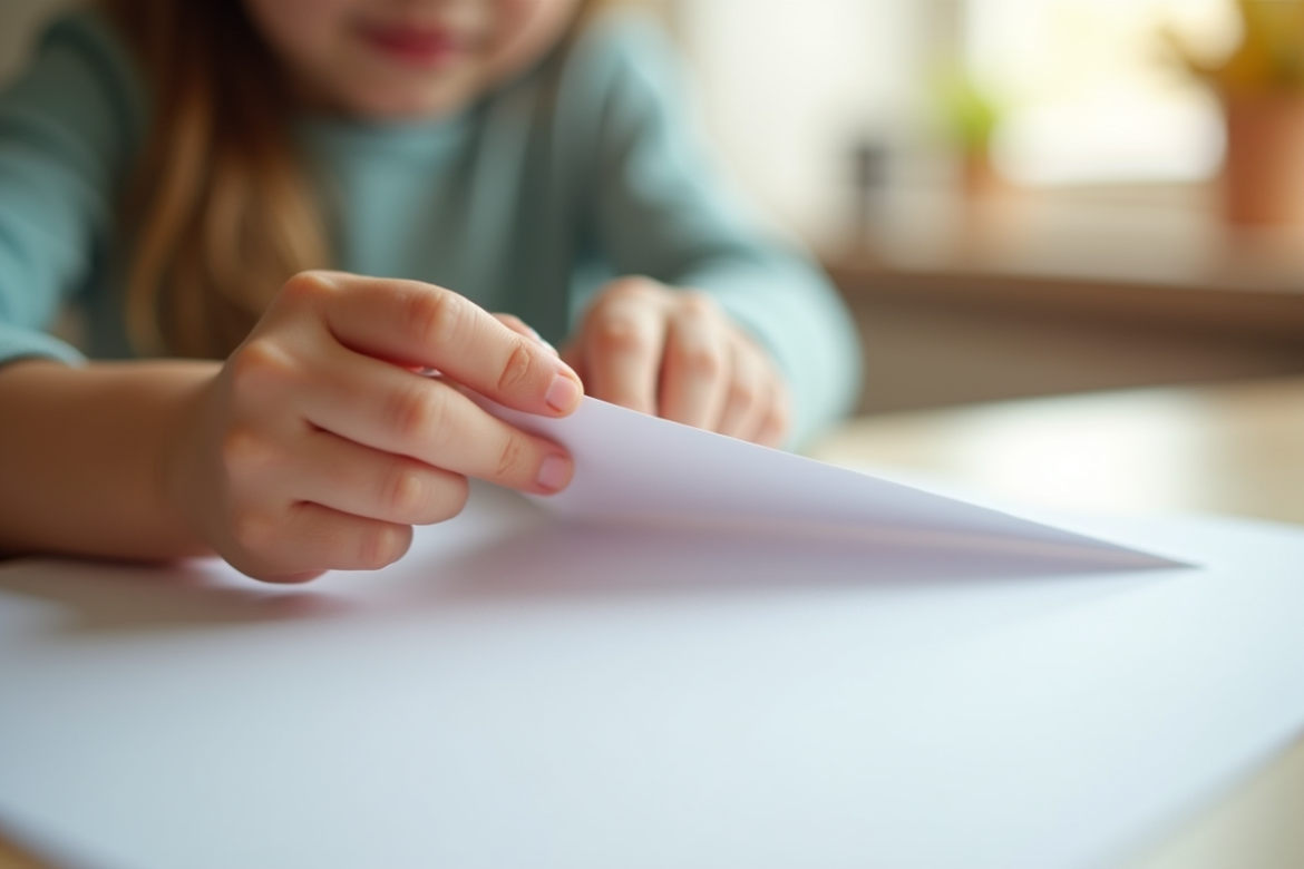 Mains d'enfant pliant un papier pour un avion ensoleille