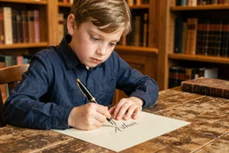 Jeune garçon prénommé Arthur écrivant son prénom à la plume sur du papier ancien dans une bibliothèque