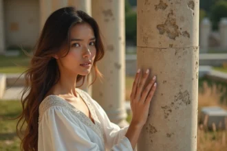 Jeune femme en robe blanche touchant une colonne grecque ancienne couverte de lettres gravées, dans un site archéologique méditerranéen